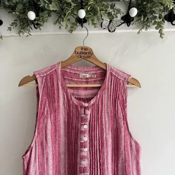 Faherty Isha Linen Dress Red Pink Stripe Half Button Down Sleeveless Large - Picture 2 of 4
